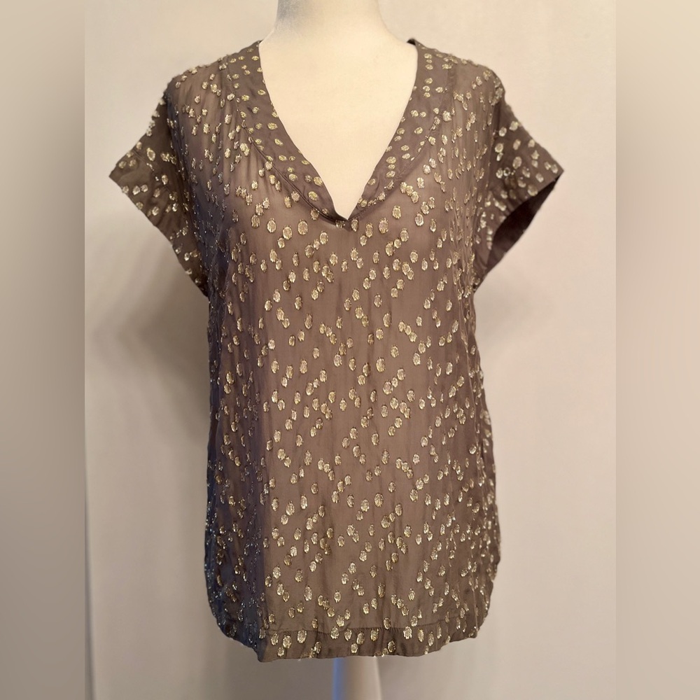 ROSEMUNDE Khaki with gold print transparent top blouse size M (38 EU)